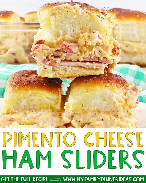 Pimento cheese & ham sliders loaded with homemade pimento cheese spread, ham, and topped off with garlic butter and sesame seeds. Pimento Cheese Quesadilla, Sugar Ham, Ham Sliders, Homemade Pimento Cheese, Pimento Cheese Spread, Kaiser Rolls, Cheese Sliders, Pimiento Cheese, Ham Hock