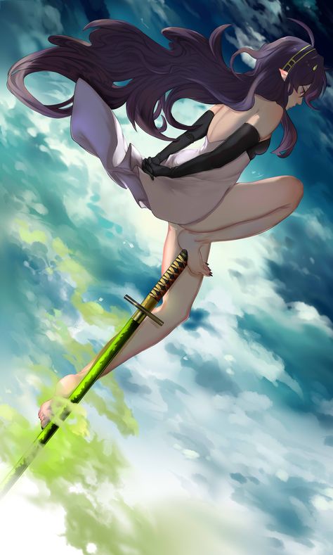 1girl absurdres ashuramaru bare_back bare_shoulders black_gloves black_nails bow clouds dress elbow_gloves from_side gloves hair_bow highres katana long_hair nail_polish owari_no_seraph pointy_ears purple_hair recentia red_eyes sharp_toenails solo sword toenail_polish toenails very_long_hair weapon Nails Bow, Elbow Gloves, Pointy Ears, Toenail Polish, Seraph Of The End, Gloves Black, Owari No Seraph, Bare Shoulders, Black Gloves