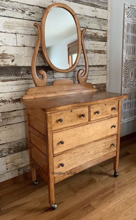 Dressers Bedroom Vintage, Antique Furniture Flip, Antique Dresser Restoration, Antique Oak Dresser Makeover, Refinished Dresser With Mirror, Vintage Dresser Restoration, Antique Dresser Nursery, Refinish Antique Dresser, Tiger Oak Dresser Makeover