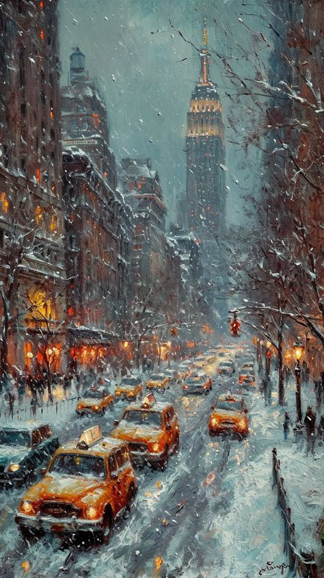 Famous Winter Paintings, Nyc Oil Painting, New York Oil Painting, New York Snow Aesthetic, Christmas Landscape Drawing, Christmas City Aesthetic, Winter Aesthetic Art, Collage Painting Ideas, Christmas In New York City Aesthetic