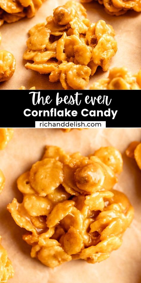 This peanut butter cornflake candy is a delicious old-fashioned treat that combines peanut butter, sugar, and corn syrup with crunchy cornflakes. Peanut Butter Balls With Corn Flakes, Peanut Butter Cornflake Clusters, Cornflake Dessert Recipes, Cornflake Chews, Corn Flake Candy, Peanut Butter Cornflakes, Corn Flake Bars, Cornflake Candy, Cornflake Recipes