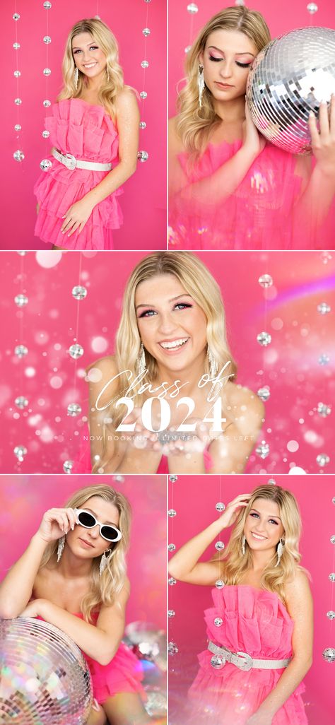 Warsaw Senior Photographer Birthday Glamour Photoshoot, Senior Pictures Bright Colors, Senior Pictures Disco Ball, Hot Pink Senior Pictures, In Studio Photoshoot Ideas Senior Pictures, Barbie Graduation Photoshoot, Barbie Senior Pictures, Pink Disco Photoshoot, Confetti Senior Pictures