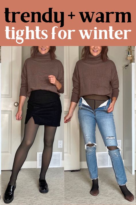 Cute winter tights outfit ideas anyone? These amazing winter tights are the best tights ever! Who need Gucci tights when you have these warm fleece lined tights that look like sheer nylon tights to rock with trendy outfits? Opaque Tights Outfit Winter, Translucent Tights Outfit, Fleece Stockings Outfit, Thermal Tights Outfit, Back Seam Tights Outfit, Tights Outfit Winter Casual, Best Tights For Women, Flats With Tights, Fleece Tights Outfit Cold Weather