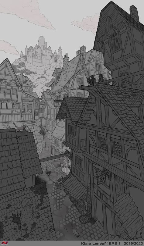 Background Drawing Refrences, Comic Environment Art, Manga Environment Drawing, Environment Art Drawing, Concept Art Composition, Composition Environment, Drawing Backgrounds Ideas Sketch, Manga Environment, City Background Art