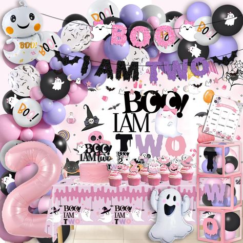 PRICES MAY VARY. [ALL IN ONE] 3pcs Boo I'm Two Banner, 1pcs cake topper, 8pc cupcake toppers, 1pc milestone poster, 1pc background, 1pc table cloth, 3pc 'TWO' box, 3Pcs Aluminum Foil Balloons, 75pc balloons Arch Kit. [Unique Design] Pink spooky cute halloween design, NO DIY REQUIRED. Number 2, ghost, bat, spider, Witch Hat, Pumpkin and skeleton. Highlight the theme of your halloween 2nd birthday party, and contain a variety of Boo I'm Two party elements. bring the fun to your party. [Perfect Pin Halloween Second Birthday, Halloween 2nd Birthday Party, Minie Mouse Party, 2nd Birthday Party Decorations, Boo Decorations, Halloween Birthday Decorations, Pink Birthday Decorations, Spider Witch, Halloween Themed Birthday Party