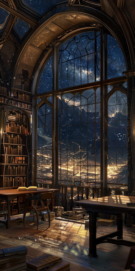 An enchanting old library nestled in the mountains, with arched windows offering views of city lights and starlit skies. Wooden tables and soft lighting create an atmospheric, shadowy ambiance, while distant hills add to the magical allure of the scene. 📚✨🌌 #MysticalLibrary #FantasyWorlds #NightViews#CosmicHorror #AntiqueBooks #MagicalArtifacts #LibraryVibes #StarryNight #FantasyLovers #MountainEscape #EnchantingScenes #DarkFantasy #WoodenInterior Winter Library Aesthetic, Magic City Aesthetic, Magical Library Aesthetic, Library At Night, Modern Magic Aesthetic, Fantasy Magic Aesthetic, Fantasy Library Aesthetic, Magic Library Aesthetic, Mystic Library