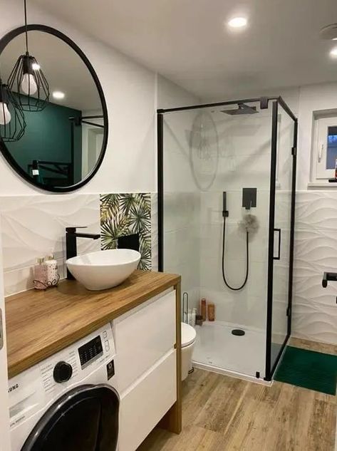 a small modern bathroom with a vanity and a built in washing machine, a glass enclosed shower, white textural tiles and a wooden floor Bathroom Ideas With Washing Machine, Built In Washing Machine, Small Bathroom White, Tiny Bathroom Design, Small Modern Bathroom, Small White Bathrooms, Bathroom Redecorating, Modern White Bathroom, Small Bathroom Interior