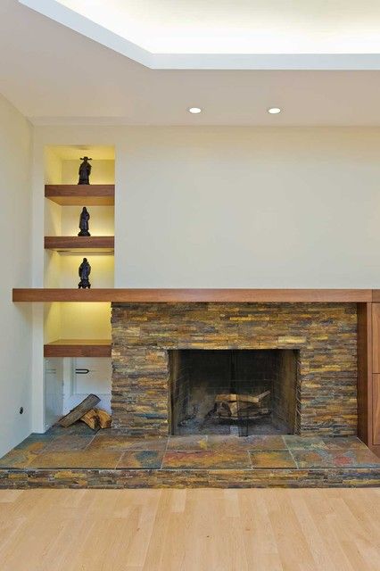 8 Artfully Asymmetrical Fireplaces Fireplace And Shelves, Asymmetrical Fireplaces, Beach Fireplace, Fireplace Walls, Contemporary Family Room, Slate Fireplace, Fireplace Mantel Shelf, Fireplace Shelves, Mantel Design