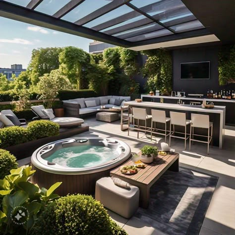 Penthouse Terrace Garden, Covered Jacuzzi Outdoor Ideas, Rooftop Jacuzzi Ideas, Rooftop Terrace Design Penthouses, Rooftop Terrace Pool, Open Terrace Ideas, Penthouse Patio, Rooftop Jacuzzi, Jacuzzi Exterior