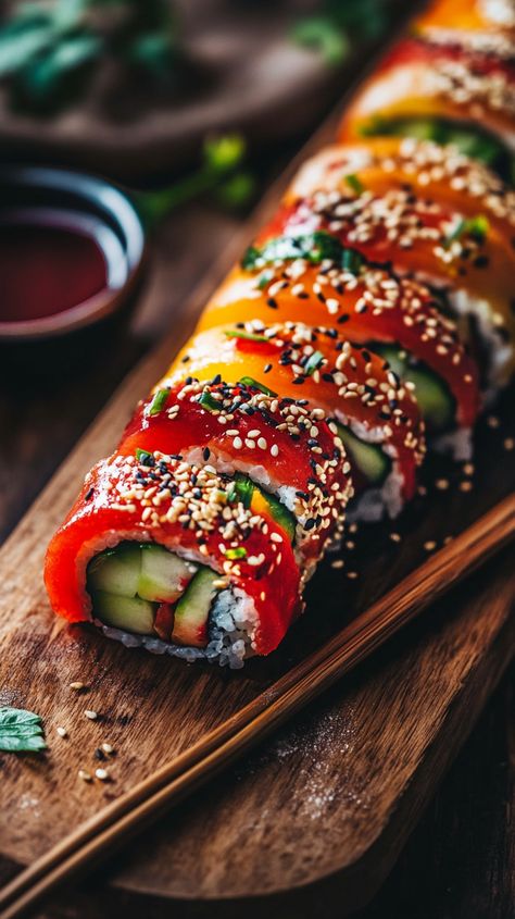 Dive into the world of vibrant vegan sushi! 🍣✨ This beautifully arranged plate features fresh avocado, crisp cucumber, and sweet bell pepper, all rolled into delightful sushi. Garnished with sesame seeds and served on a rustic wooden board, it exudes warmth and charm. Accompanied by a small dish of soy sauce and stylish chopsticks, it's a perfect meal for any occasion. Enjoy the elegance of this colorful dish in natural light—an inviting feast for the senses! 🌿🥑🥢 Health Soup, Mall Kiosk, Colorful Dishes, Sweet Bell Peppers, Vegan Sushi, Coconut Bowl, Fresh Avocado, Post Workout Food, Premium Food