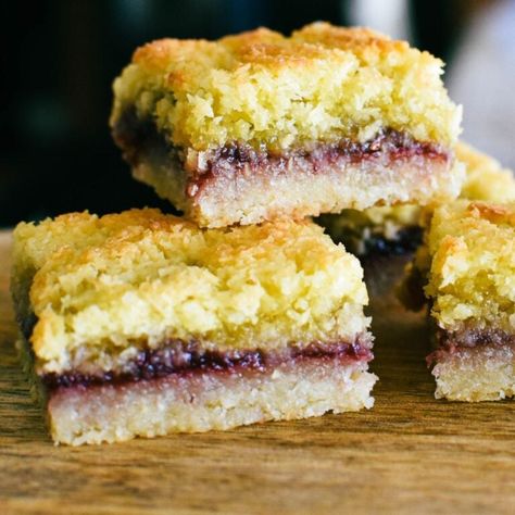 raspberry coconut slice. Jam Slice, Custard Slice, Coconut Jam, Coconut Slice, Cake Slices, Vegan Baking Recipes, Raspberry Coconut, Tomato Relish, Plum Jam