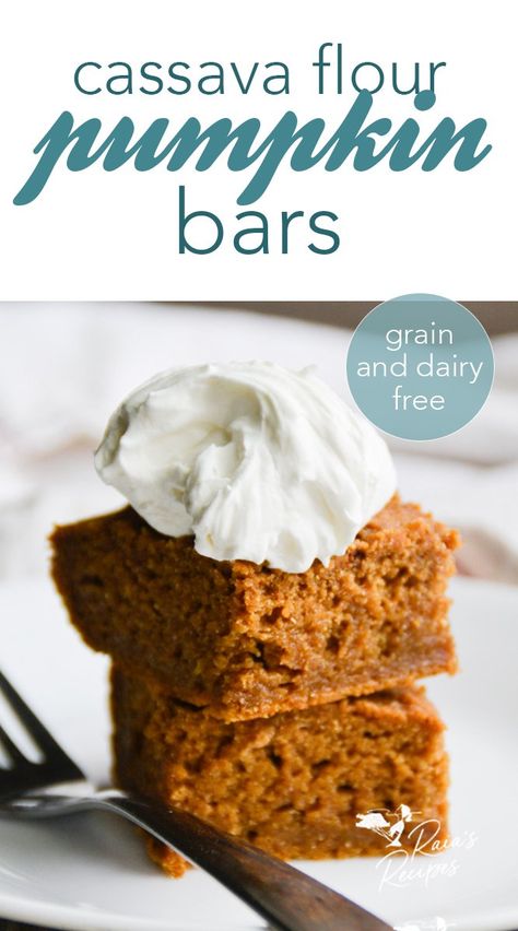 Easy One-Bowl Cassava Flour Pumpkin Bars Cassava Flour Pumpkin Bread, Cassava Pumpkin Muffins, Aip Cassava Flour Recipes, Cassava Pumpkin Cookies, Baking With Cassava Flour, Cassava Flour Pumpkin Muffins, Cassava Flour Pumpkin Cookies, Aip Pumpkin Recipes, Cassava Flour Desserts