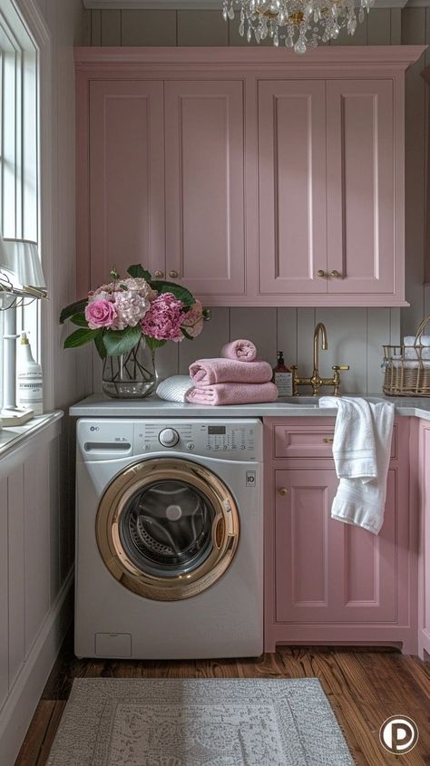 Pink Utility Room, Pink Laundry Room Ideas, Pink Laundry Room, Folded Laundry, Pink Laundry Rooms, Luxury Laundry, Pink Cabinets, Pastel Home Decor, Laundry Room Inspiration