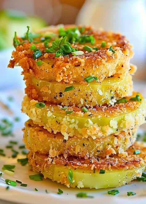 Crispy on the outside with a tender, tangy bite on the inside, these Southern Fried Green Tomatoes are a perfect blend of bold Southern flavors and satisfying textures. This iconic dish makes a tasty appetizer, Green Fried Tomatoes Recipes, Green Fried Tomatoes, Southern Fried Green Tomatoes, Fried Green Tomatoes Recipe, Green Tomato Recipes, Zucchini Banana Bread, Turnover Recipes, Fried Tomatoes, Zesty Sauce