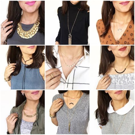 Necklaces With Collared Shirts, Necklace With Collared Shirt, How To Wear A Long Necklace With A Collared Shirt, How To Wear Statement Necklace, What Necklace With What Neckline, Layered Necklaces Outfit, Low Neck Tops, High Neckline Dress, High Collar Dress