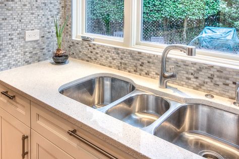 Robin Hood Residence - contemporary - kitchen three bowl sink- atlanta - Studio M Interiors Full House Remodel, Kohler Kitchen Sink, Valance Ideas, Kitchen Window Valances, Recessed Panel Cabinets, Interiors Photography, Kitchen Sink Design, Cottage Kitchens, Studio M