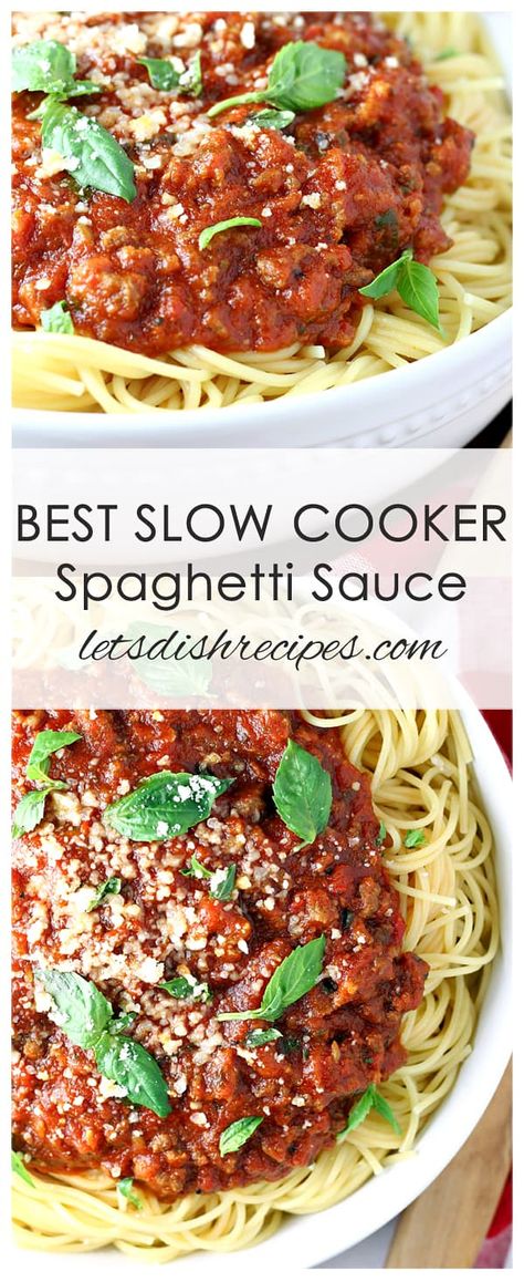 Best Slow Cooker Spaghetti Sauce | Let's Dish Recipes Slow Cooker Spaghetti Sauce, Crockpot Spaghetti Sauce, Recipe Ground Beef, Crockpot Spaghetti, Slow Cooker Spaghetti, Sauce Spaghetti, Resep Pasta, Spaghetti Sauce Recipe, Homemade Spaghetti Sauce