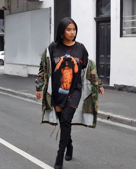 Finally have a long camo jacket 😍💚 jacket +shoes: @lolashoetique | distressed Tupac shirt: @artdealersworldwide (launching soon!) #ootd #casualslay 2pac Shirt Outfit, Tupac Shirt Outfit, 2pac Shirt, Tupac Shirt, Cochella Outfits, Fashion Guys, Diy Outfits, 2 Pac, 90s Fashion Women