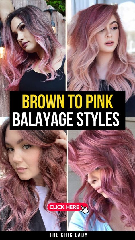 Top 20 Brown to Pink Balayage Hair Color Ideas to Try Now Smokey Pink Hair Color, Pastel Pink Balayage Brunette, Ombre Hair Color Pink, Fashion Color Balayage, Dark Roots Pink Hair Balayage, Dark Rose Gold Hair Brown, Dark Pink Balayage, Balayage With Color, Pink Blonde Balayage