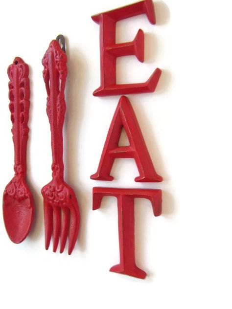 . Kitchen Wall Art Diy, Cottage Chic Kitchen, Em Henderson, Chic Kitchen Decor, Fork Art, Kitchen Decor Signs, Eat Sign, Shabby Chic Kitchen Decor, Red Kitchen Decor