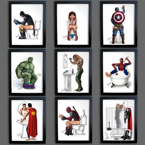 Superhero Bathroom Decor, Batman Bathroom, Superhero Bathroom, Wc Decoration, Superhero Prints, Dekorasi Kamar Tidur, Boys Bathroom, Marvel Deadpool, Bathroom Prints