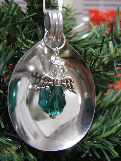 Soup Spoon Ornament Teal Angel Beaded by SilverwearCreations Vintage Silverware Jewelry, Spoon Ornaments, Silverware Crafts, Up Cycle, Silverware Jewelry, Spoon Jewelry, Soup Spoon, Vintage Silverware, Silver Christmas