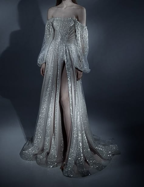 Silver Dresses, Silver Outfits, Silver Gown, Moon Dress, Dark White, Fairy Clothes, Fantasy Dresses, Fantasy Gowns, Ballroom Dress