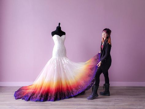 Thrifted Wedding Dress, Canvas Bridal, Painted Wedding Dress, Thrifted Wedding, Dye Wedding Dress, Ombre Wedding Dress, Unique Wedding Dress, Ombre Wedding, Rainbow Wedding