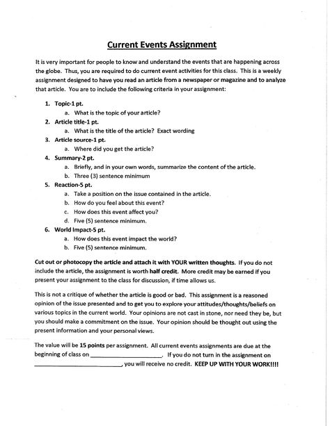 current-events-assignment-rubric-presentation by jaqcl via Slideshare Current Events Activities, Social Studies Teaching Strategies, Error Analysis Math, Current Events Worksheet, Event Planning Worksheet, Bible Study Worksheet, Middle School Lesson Plans, Homeschool Routine, Middle School Lessons