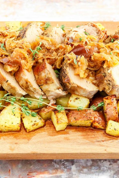 Apple Cider Pork Roast With Sauerkraut and Apples Pork Roast Crock Pot Recipes Apple Juice, Pork Roast Sauerkraut Crockpot, Cider Pork Roast, Pork Roast With Sauerkraut, Pork Loin Roast Crock Pot, Sauerkraut And Apples, Dried Apple Slices, Pork Roast And Sauerkraut, Pork Chops And Sauerkraut