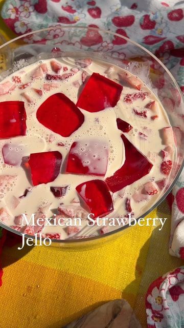 Sarah McCune on Instagram: "🍓comment link for pitcher  🍓Mexican strawberry jello recipe below:   2 cans evaporated milk 1 can sweetened condensed milk  1 can media crema (or sour cream)  Splash vanilla  2 strawberry jello packets:  ⚠️(make jello with half the water instructed) ⚠️ 2 lbs fresh cut strawberries   💥If it’s too soupy for your liking, use 1 can evaporated milk instead of 2." Mexican Jello Desserts, Condensed Milk Jello Recipe, Evaporated Milk Desserts, Milk Jello, Jello Recipe, Jello Dessert Recipes, Milk Dessert, Cut Strawberries, Jello Desserts