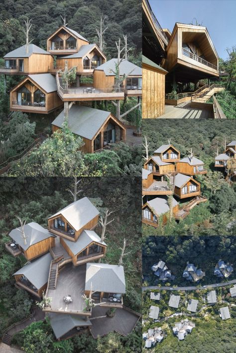 Mountain Resort Design, Mountain Resort Architecture, Forest Hotel, Luxury Tree Houses, Forest Resort, Hotel Design Architecture, Treehouse Cabins, Fairytale House, Hangzhou China