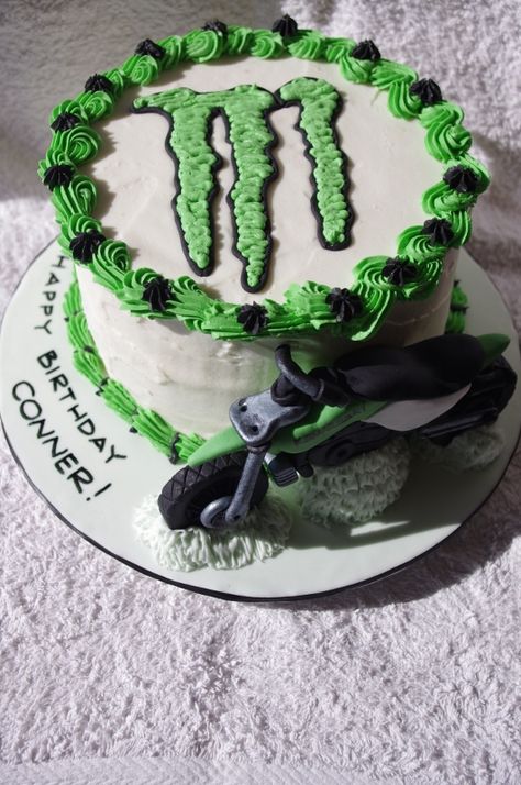 Monster Energy Cake with Kawasaki Motobike Monster Energy Cake Ideas, Monster Energy Cake, Monster Energy Drinks, Monster Logo, Monster Crafts, Monster Energy Drink, Monster Cake, Cake Logo, Themed Birthday Cakes