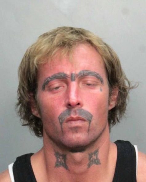 Scary, yet sorta sad at the same time. #inked #inkedmag #tattoo #eyebrows #mustache #ink #mugshot #face #inmate Bad Face Tattoos, Mustache Tattoo, Tattoos Gone Wrong, Funny Mugshots, Terrible Tattoos, Horrible Tattoos, Growing Facial Hair, Tattoo Fails, Bad Tattoos