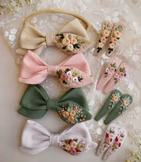 Embroidery Hair Bows, Embroidery Hair, Hair Bows Diy Ribbon, Baby Dress Embroidery, Embroidered Hair Bows, Diy Hair Accessories Ribbon, Fabric Hair Bows, Bows Diy Ribbon, Handmade Hair Clip