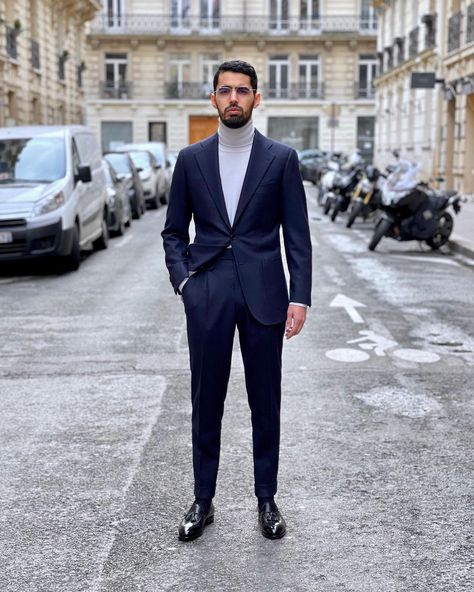 Turtle Neck Outfit Men Suit Prom, Turtle Neck Outfit Men Suit, Turtle Neck Outfit Men, Turtleneck Suit, Mens Navy Suit, Interchangeable Wardrobe, Dress Pants Outfits, Turtle Neck Men, Formal Men