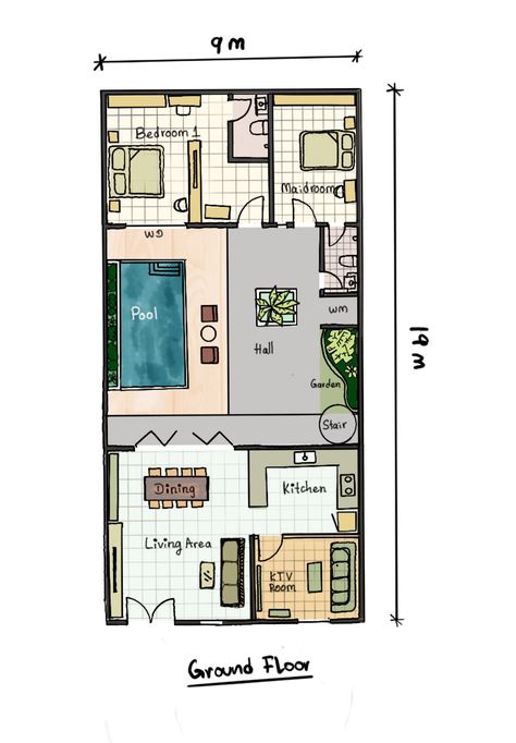 Relxing house with 2 bedroom and enjoyable courtyard pool inside. Tiny House Courtyard, Inside Courtyard Ideas, Small House With Courtyard In The Middle, Courtyard Pool House Plans, Duplex With Courtyard, Tiny House With Courtyard, Small House With Pool Floor Plans, Small House With Courtyard, House With Courtyard In The Middle