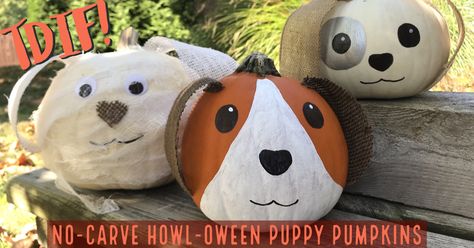 DIY No-Carve Howl-oween Puppy Pumpkins Puppy Pumpkin Painting, Puppy Pumpkin Carving, Dog Pumpkin Painting, Cow Pumpkin Painting, Traditional Pumpkin Carving, Puppy Pumpkin, Cow Pumpkin, Cute Animals Drawings, Pumpkin Painting Party