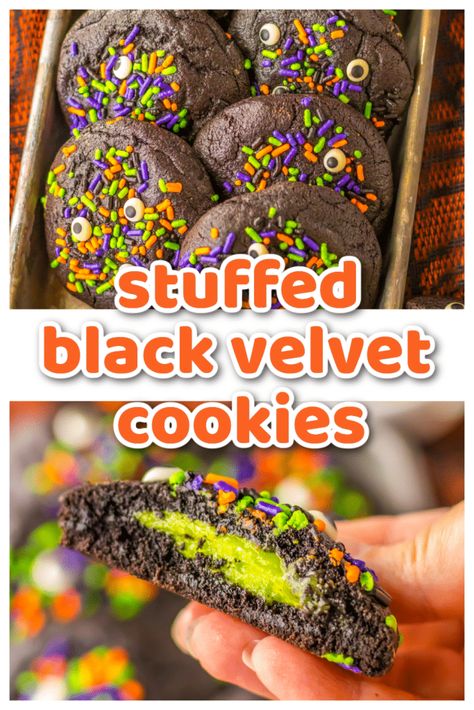 Stuffed Black Velvet Cookies - Life With The Crust Cut Off Stuffed Cheesecake, Cookies Stuffed, Cream Cheese Ball, Velvet Cookies, Halloween Sprinkles, Dark Chocolate Cookies, Red Velvet Cookies, Baking Cocoa, Cheesecake Filling