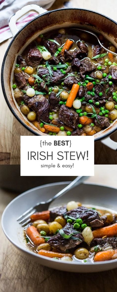 Simple recipe for Traditional Irish Stew with lamb, baby potatoes, carrots, peas, cipollini onions and fresh tarragon! So easy, so delicious- this version is made in a dutch oven in the oven! |www.feastingathome.com #irishstew #lambstew #lamb Traditional Irish Stew, Irish Lamb Stew, Irish Stew Recipe, Cipollini Onions, Irish Dishes, Irish Cuisine, Irish Stew, Lamb Stew, Potatoes Carrots