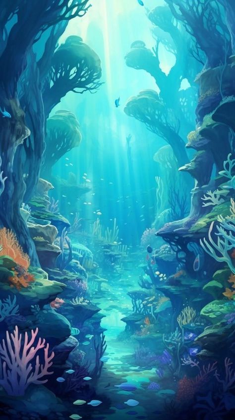 Under The Sea Illustration Underwater, Sea World Painting, Underwater World Fantasy Mermaids, Underwater Illustration Art, Underwater World Drawing, Ocean Screensaver, Underwater World Illustration, Under The Sea Illustration, Ocean Creatures Art