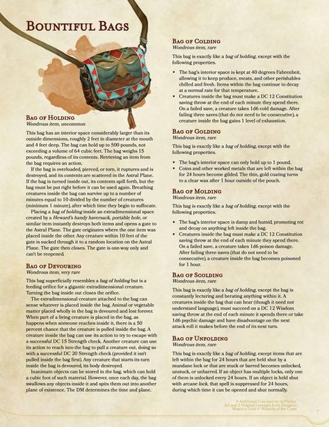 Bountiful Bags Bag Of Holding, Magic Bag, Dungeon Master's Guide, Dnd Classes, D D Items, Dungeons And Dragons 5e, Dnd 5e Homebrew, Dnd Dragons, Magic Items