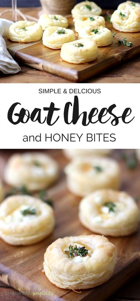 Indulge your guests with these delightful Goat Cheese and Honey Bites, an ideal appetizer for any celebration. These bites feature a flaky pastry base layered with smooth goat cheese, drizzled with honey, and sprinkled with thyme, offering a simple yet elegant option for entertaining. Honey Appetizers, Goat Cheese And Honey, Goat Cheese Honey, Cheese And Honey, Cheesecake Truffles, Goat Cheese Crostini, Goat Cheese Appetizer, Cheese Pastry, Pinwheel Recipes