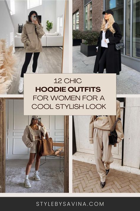 12 Chic Hoodie Outfits For Women For A Cool Stylish Look | Style by Savina Hoodie At Work Outfit, White Hoodie Women Outfit, Peacoat Hoodie Womens Outfit, Hoodie Winter Outfits Women, Professional Hoodie Outfit, Woman Hoodie Outfit, Business Casual Hoodie Outfit, Hoodie Styling Ideas Women, Hoodie With Button Up Shirt