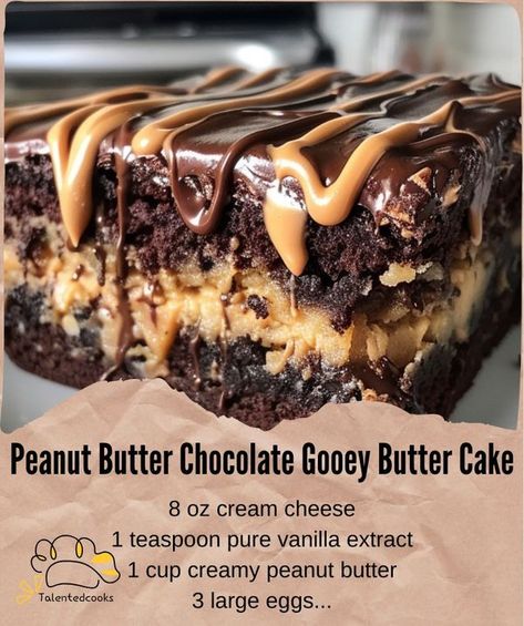 Talentedcooks Chocolate Gooey Butter Cake, Chocolate Goodies, Grandma Recipes, Peanut Butter Dessert Recipes, Gooey Butter, Gooey Butter Cake, Peanut Butter Desserts, Delicious Cake Recipes, Easy Baking Recipes Desserts