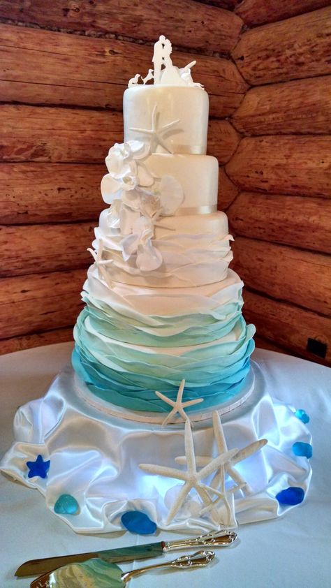 Wedding Cakes Beach, Ocean Wedding Cake, 5 Tier Wedding Cakes, Ocean Cake, Beach Themed Cakes, White Fondant, Ocean Cakes, Debut Ideas, Three Tier Cake