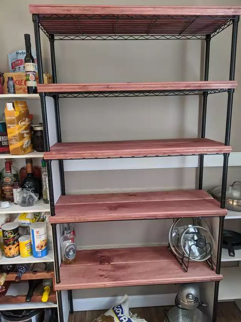 Quarantine project, made covers for ugly wire rack. - Imgur Wire Rack Makeover, Wire Shelving Unit Makeover, Diy Wire Rack Cover, Wire Rack Cover, Wire Shelf Makeover, Wire Rack Shelving, Small House Storage, Shelf Makeover, Bookshelf Makeover