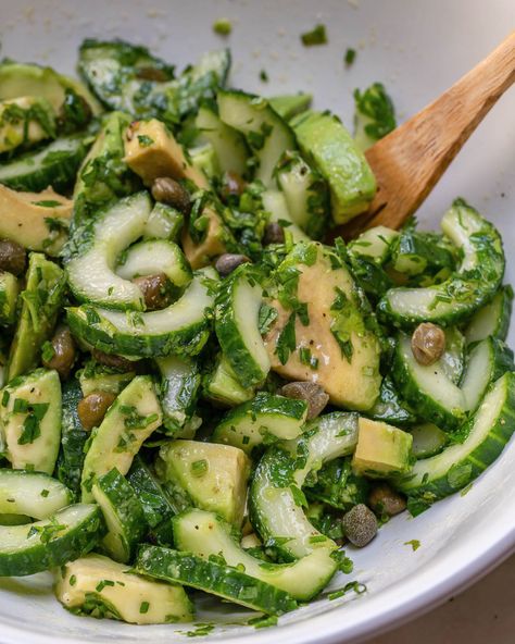 Cucumber And Avocado Salad, Salad With Fresh Herbs, Chicken Cucumber, Capers Recipe, Summertime Salads, Cucumber Avocado Salad, Cucumber Avocado, Herb Salad, Food Crush