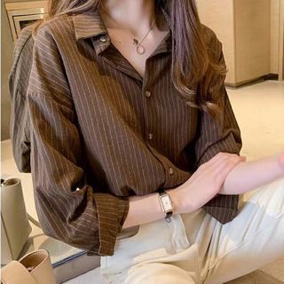 Brown Striped Shirt Outfit, Striped Shirt Outfit, Outfits With Striped Shirts, Oversized Plaid Shirts, Pleated Shirt, Striped Long Sleeve Shirt, Branded Sweatshirts, Women Shirts Blouse, Lace Shirt