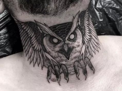 Owl Neck Tattoo, Traditional Owl, Full Neck Tattoos, Best Neck Tattoos, Throat Tattoo, Retro Tattoos, Owl Tattoo Design, Neck Tattoo For Guys, Meaningful Tattoo